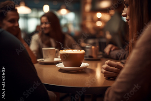 Lifestyle, friendship, food and drinks concept. Group of happy friends drinking coffee and talking with each other in cafe. Generative AI