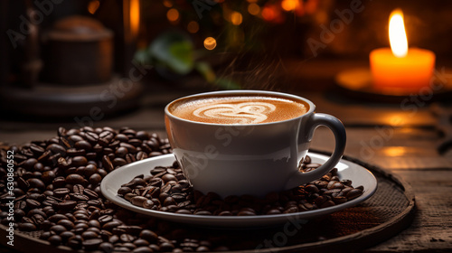 A steaming cup of rich  aromatic coffee surrounded by coffee beans in a cozy caf   setting 
