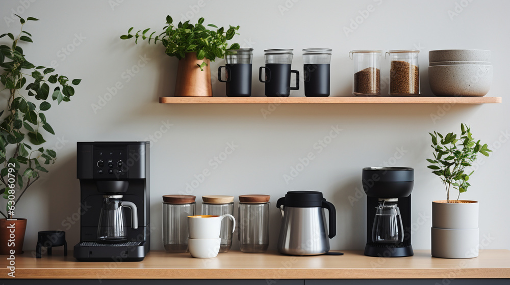 A stylish coffee corner in a modern kitchen, with shelves filled with coffee-related accessories A stylish coffee corner in a modern kitchen, with shelves filled with coffee-related accessories