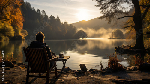 A serene morning scene of someone enjoying coffee by a tranquil lakeside 