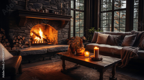 A cozy living room setup with a fireplace  where one can savor a cup of coffee on a chilly day 