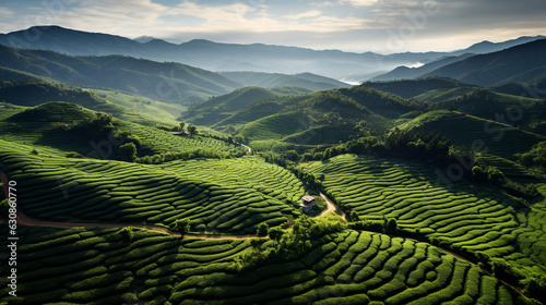 A stunning aerial view of coffee fields, resembling a lush green carpet 
