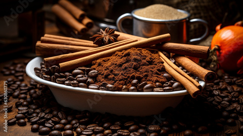 An artistic composition of coffee ingredients, such as beans, cinnamon sticks, and vanilla pods 