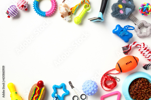 Colorful pet care accessories on white background. Pet shop banner design.