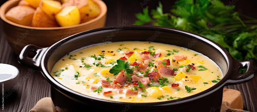A bowl of chowder made with potatoes, ham, bacon, and sweetcorn. It is garnished with chopped parsley and ground black pepper. In the background, there are two bowls, and in the front, ladle. copy A bowl of chowder made with potatoes, ham, bacon, and sweetcorn. It is garnished with chopped parsley and ground black pepper. In the background, there are two bowls, and in the front, ladle. copy