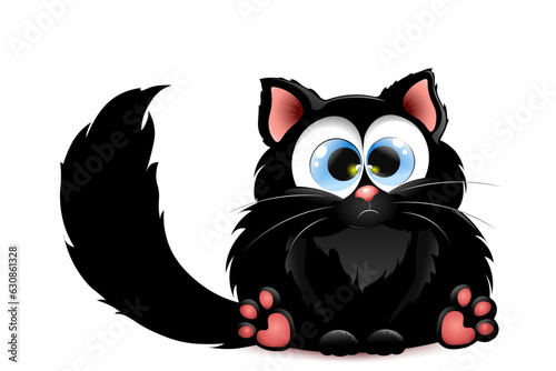 Funny black fat and disgruntled cartoon cat