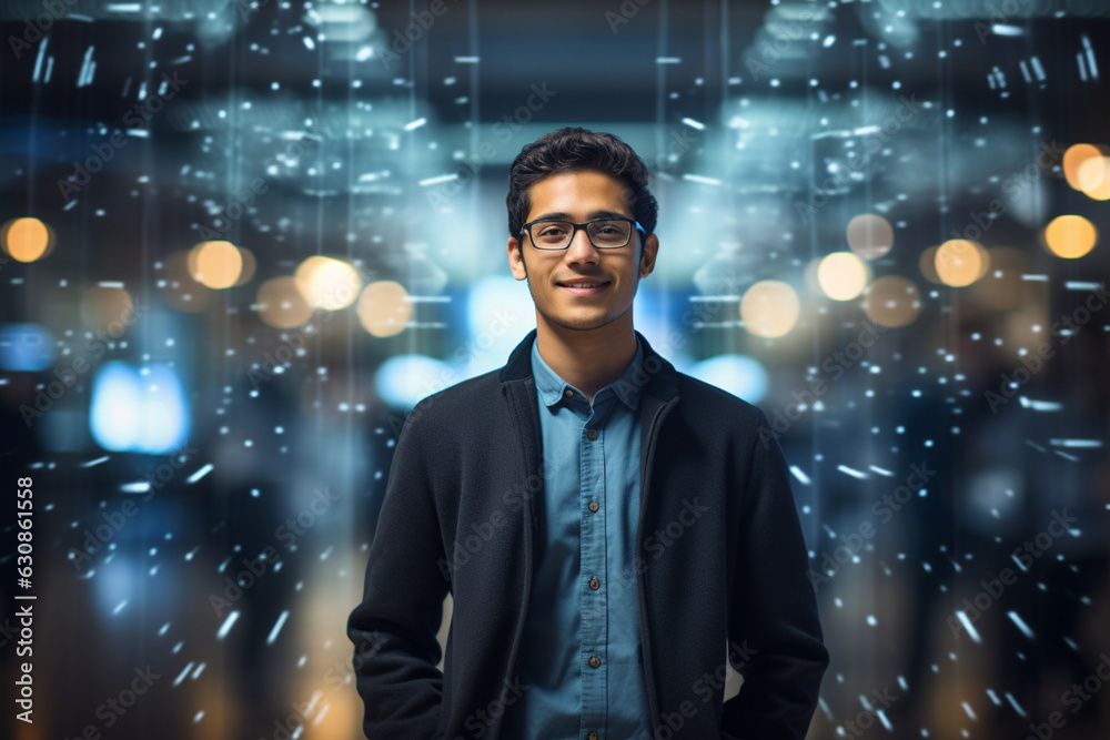 Fototapeta premium Innovation at Work: High-Resolution Portrait of a Young Software Engineer in a Buzzing Tech Hub