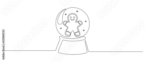 One continuous line drawing of Christmas crystal snow globe with gingerbread man. Magic glass ball with cookie for winter xmas holiday concept in simple linear style. Doodle vector illustration