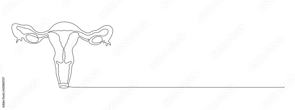 One continuous line drawing of woman uterus. Ovary and cervix of womb reproductive health in simple linear style for logo and card gynecology medical clinic. Editable stroke. Vector illustration
