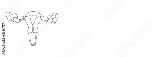 One continuous line drawing of woman uterus. Ovary and cervix of womb reproductive health in simple linear style for logo and card gynecology medical clinic. Editable stroke. Vector illustration