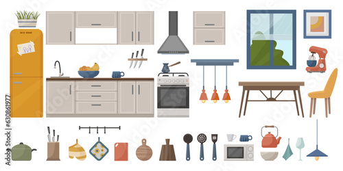 Set of vector interior elements. Cozy kitchen interior with furniture. Decor for the kitchen. Kitchen tools. Kitchen furniture. Refrigerator and oven, microwave, shelves for dishes, table. Vector.