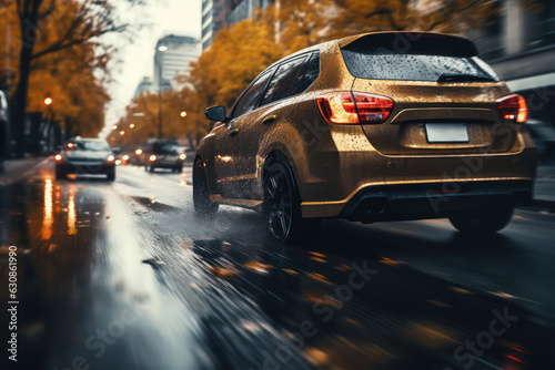 Dynamic shot of a car maneuvering in autumn city traffic after rain by Generative AI