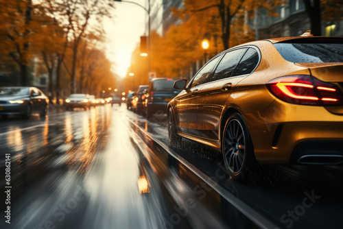 Dynamic shot of a car maneuvering in autumn city traffic after rain by Generative AI © sonatik