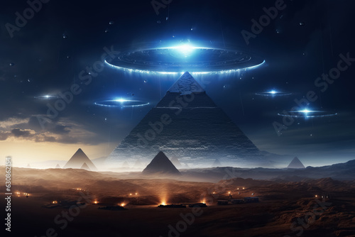 Murais de parede Aliens spaceships flying over the pyramids located in the Egyptian desert