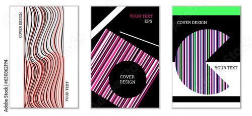 Geometric cover design, set of 3 covers. Abstract unusual background in Memphis style. Bright geometric shapes in random order