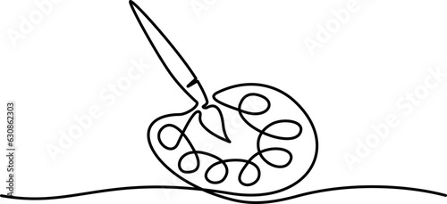 Brush and painting palette with paints. Continuous one line drawing.