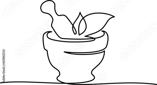 Pharmacy mortar and pestle with herbs. Continuous one line drawing.