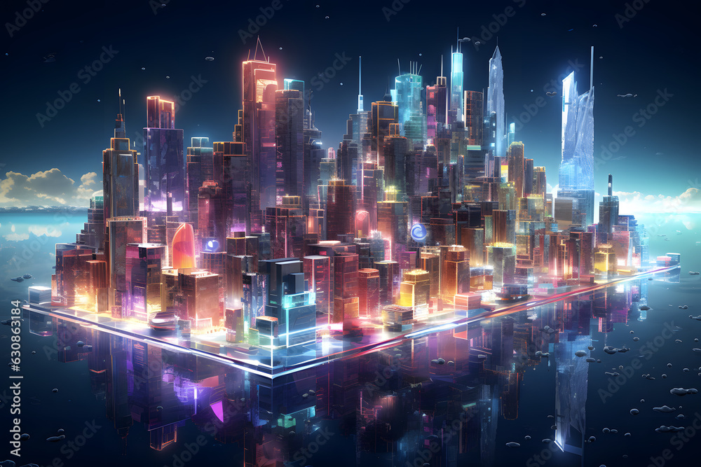 View of a city made of crystals on a floating island in a modern style