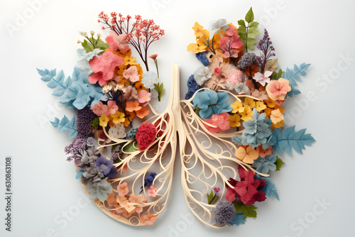 Human lungs made by  flowers and leaves  illustration in style of paper cut. Abstracted nature, colorful woodcarvings created  with Generative AI technology photo
