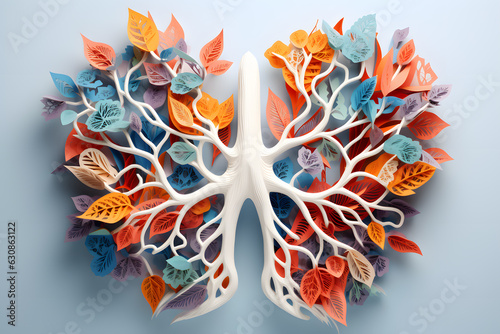 Human lungs made by flowers and leaves illustration in style of paper cut. Abstracted nature, colorful woodcarvings created with Generative AI technology