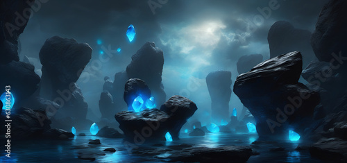 Futuristic world Biolumensic Rocks Alien planet landscape - Glowing stones 