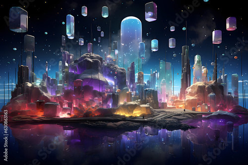 View of modern colorful mountains and floating crystals