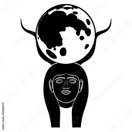 Head of ancient Egyptian goddess Hathor holding full moon between animal horns. Black and white silhouette.