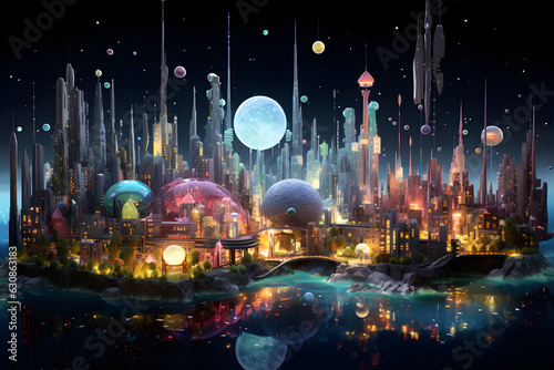 View of a city made of crystals with a big moon