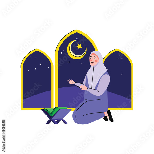 Muslim woman sitting alone on praying mat and pray at night while reading holy quran 