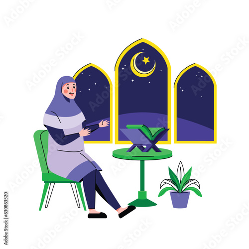 Muslim woman sitting alone on praying mat and pray at night while reading holy quran 
