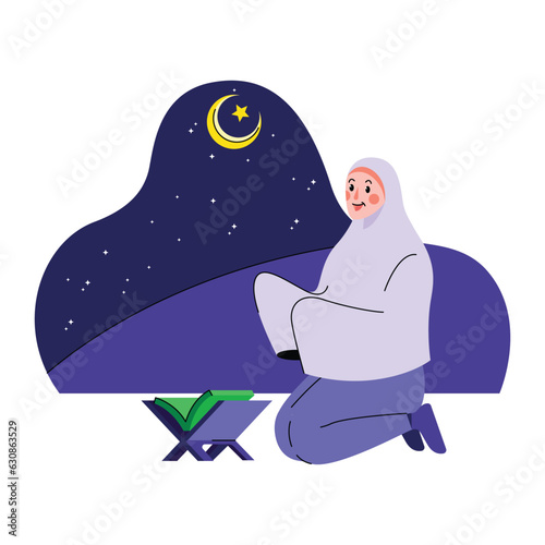 Muslim woman sitting alone on praying mat and pray at night while reading holy quran 