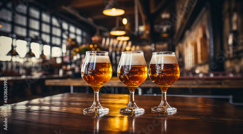 Glasses with craft beer on wooden bar. Tap beer in pint glasses arranged in a row. Closeup of five glasses of different types of draught beer in a pub. photo