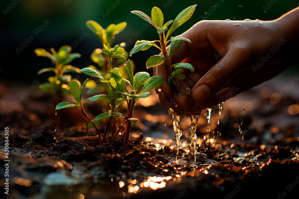 Fototapeta premium young man watering plants in garden,Generative AI