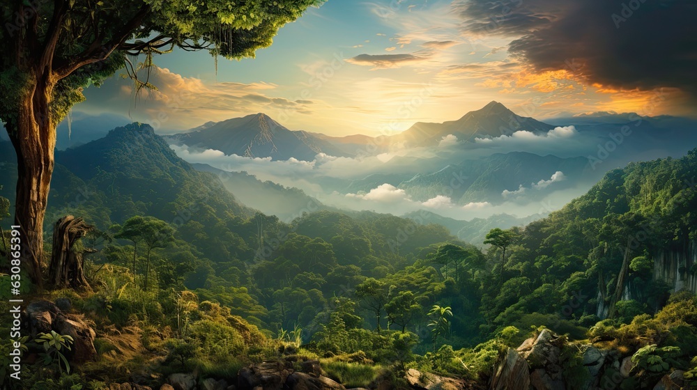 Twilight Panorama of Beautiful Mountain Landscape in Wild Jungle Forest: Generative AI