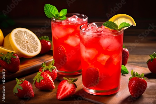 Ice Cold Strawberry Lemonade in Glasses. Refreshing Drink with Fresh Strawberries and Zesty Lemon Juice (3:2 aspect ratio): Generative AI