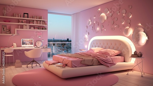 Modern Teen Girl Bedroom Design Idea with Pink Accents in a Stylish Home Flat: Generative AI
