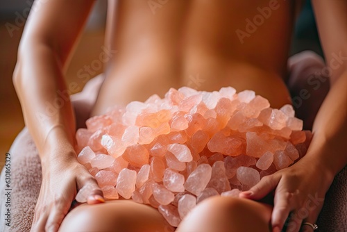 Himalayan Salt Stone Massage for Relaxation and Body Therapy. Woman Receiving Massage Treatment on Back with Salt Stones in Spa: Generative AI