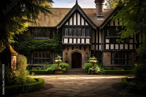 Tudor House. A Grand and Spacious Home with a Beautiful Exterior in Britain's Traditionally British Tudor Style: Generative AI
