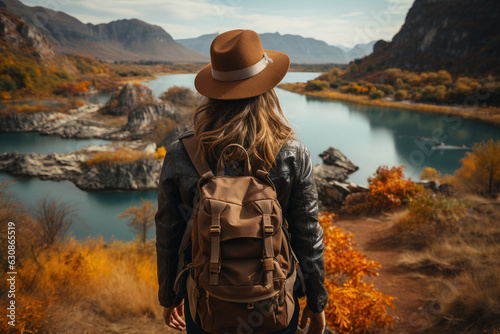 woman traveler with backpack in hat enjoing beautiful view of nature