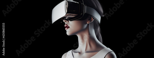 Blonde in virtual glasses on a black background. Banner with free space