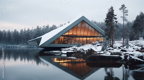 Modern house on the river made with Ai generative technology, Property is fictional