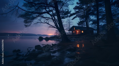 Lakehouse at night made with AI generative technology, Property is fictional photo