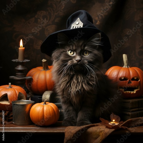 Cute cat in dark clothes, surrounded by pumpkins, halloween concept.