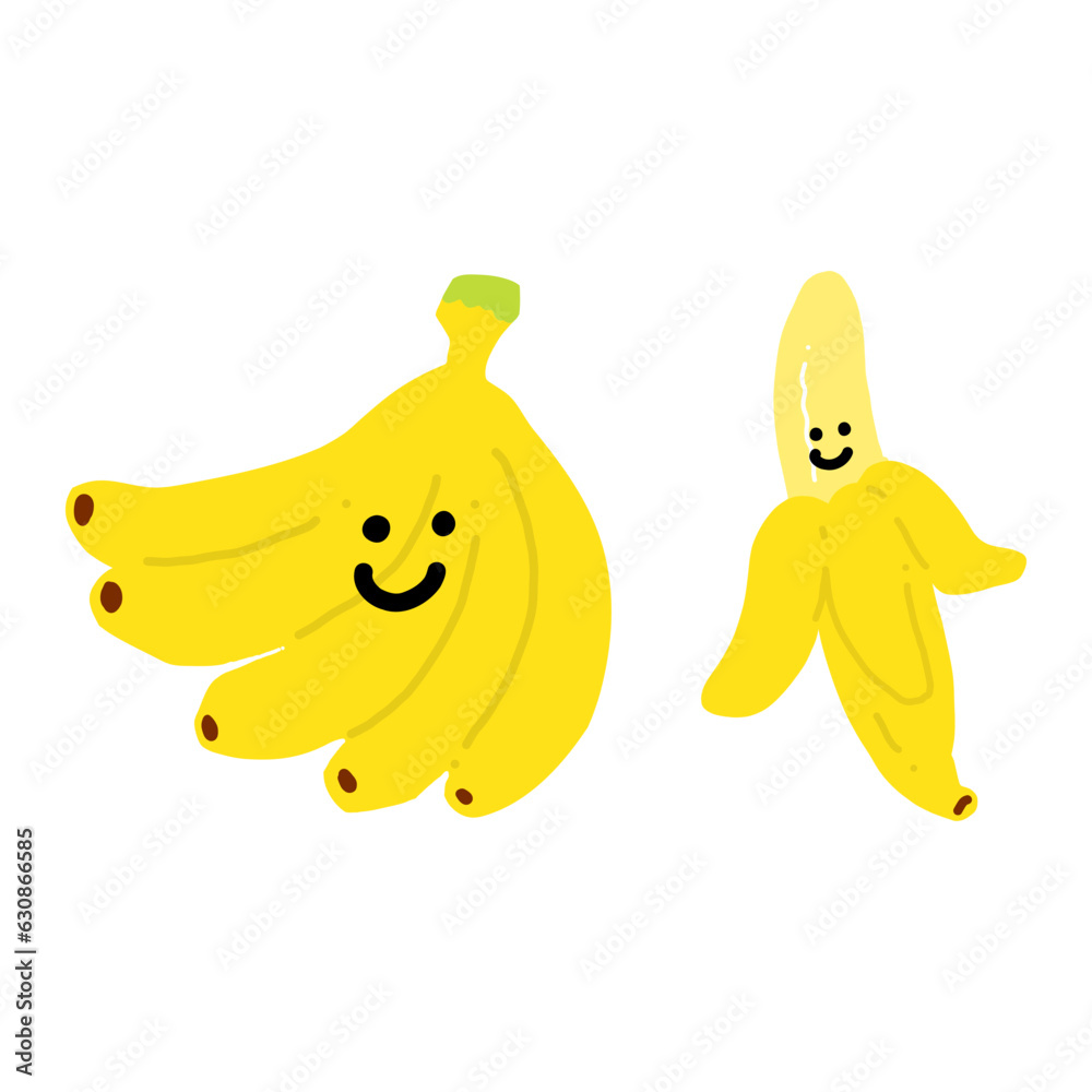 バナナのキャラクター手描きカラーイラスト素材