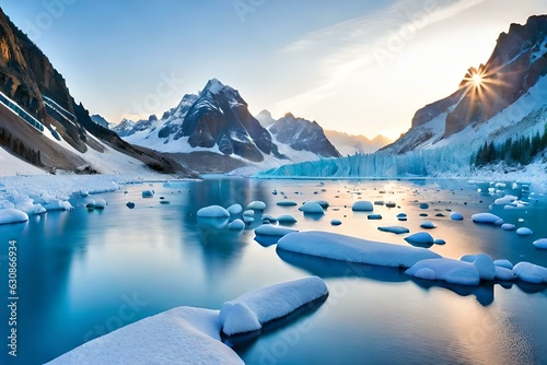 A mindblowing scene of glaciers with frozen lake and cliffs - AI generative photo