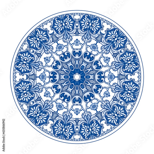 Azulejos - Portuguese tiles blue watercolor pattern. Traditional tribal ornament. Capri Maiolica