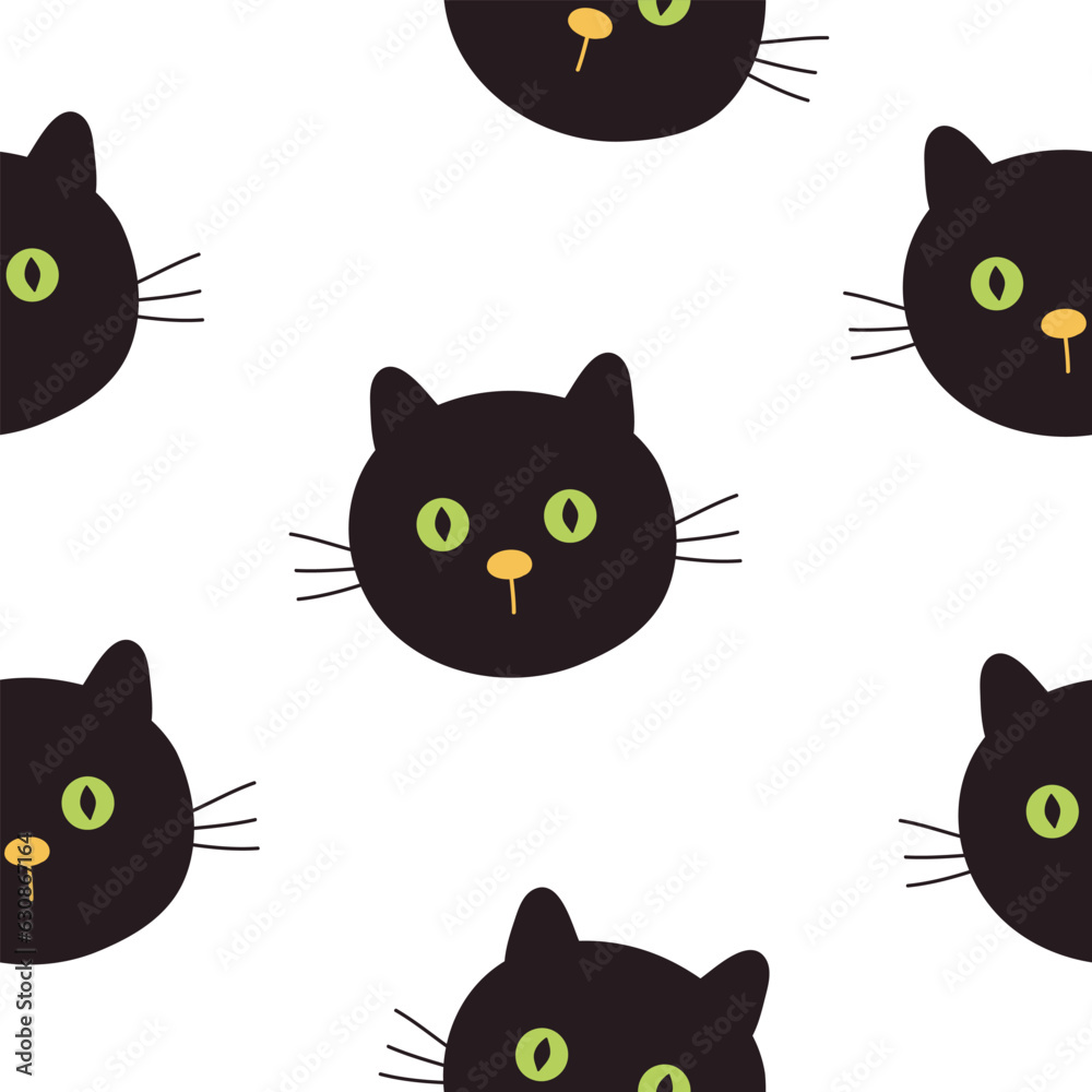 Seamless pattern with cute black cat. Vector illustration on white ...