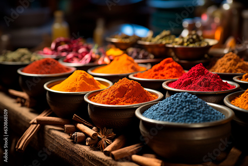 various types of spices on the wooden table