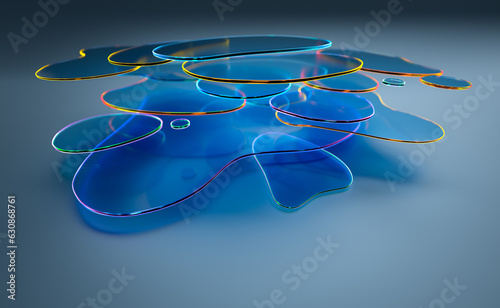 Abstract 3d background wallpaper with glass curved shapes with colorful light emitter iridescent neon holographic edges. Design visual element for banner header poster or cover