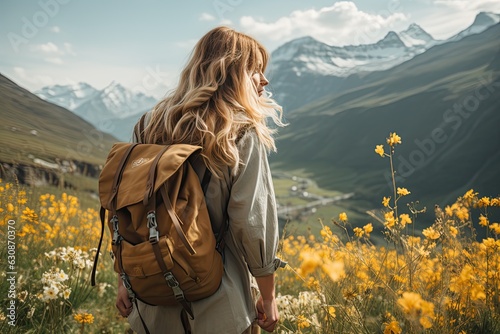 Woman hiker with backpack walking in the mountains